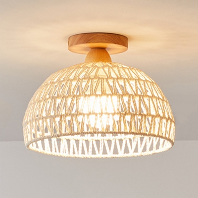 Contemporary Solid Wood Hardwired Flush Mount Ceiling Light with Rattan Lampshade for Living Room