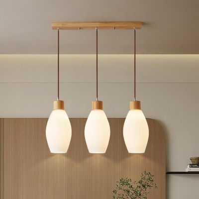 Wood Pendant Light with Glass Shade and Adjustable Hanging Length for Living Room and Dinning Room
