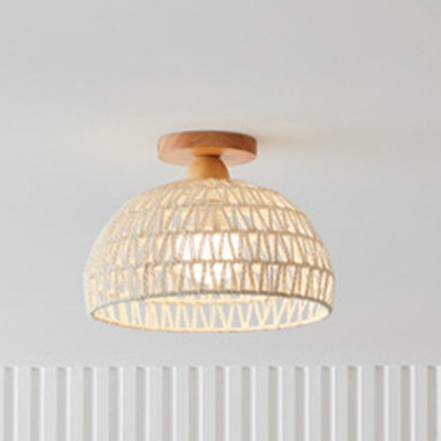 Contemporary Solid Wood Hardwired Flush Mount Ceiling Light with Rattan Lampshade for Living Room