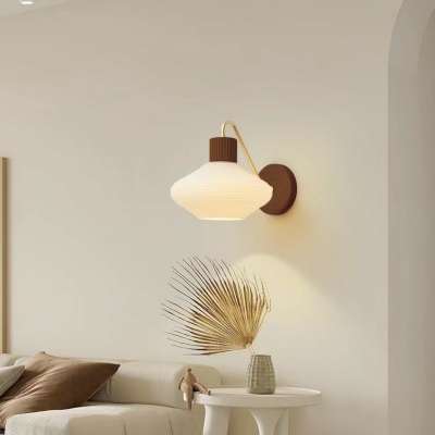 Modern Wood 1-Light Bedroom Wall Light Fixture with Glass Lampshade