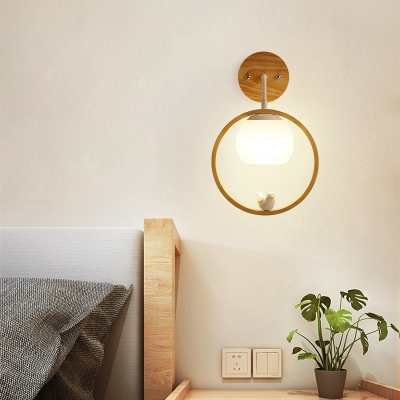 Scandinavian Wood Wall Sconce with Glass Lampshade for Living Room