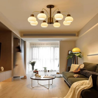 Scandinavian Wood Living Room Chandelier with Glass Lampshade