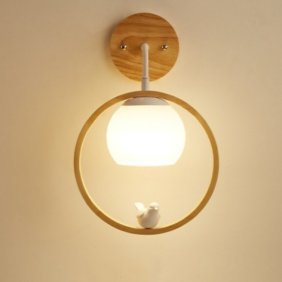 Scandinavian Wood Wall Sconce with Glass Lampshade for Living Room