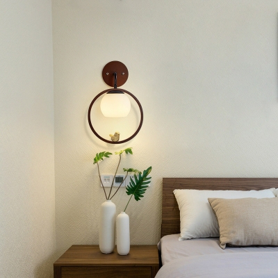 Modern Simple Wood Wall Light with Glass Lampshade for Bedroom