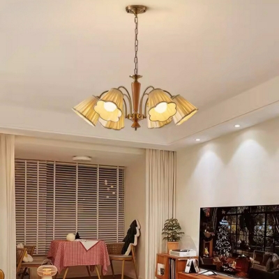 Vintage Dining Room Wooden Chandelier with Fabric Lampshade and Adjustable Hanging Length