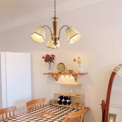 Vintage Dining Room Wooden Chandelier with Fabric Lampshade and Adjustable Hanging Length
