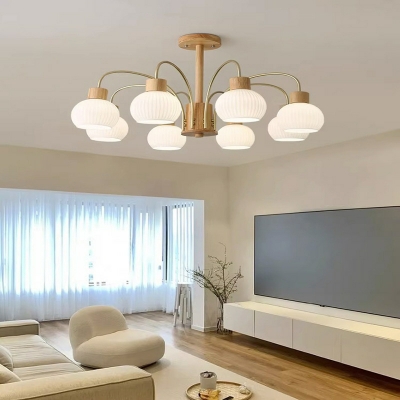 Scandinavian Wood Living Room Chandelier with Glass Lampshade