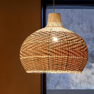 1 Light Modish Pendant Lighting with Cane Lampshade Adapted for Led & Incandescent/ Fluorescent