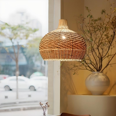 1 Light Modish Pendant Lighting with Cane Lampshade Adapted for Led & Incandescent/ Fluorescent
