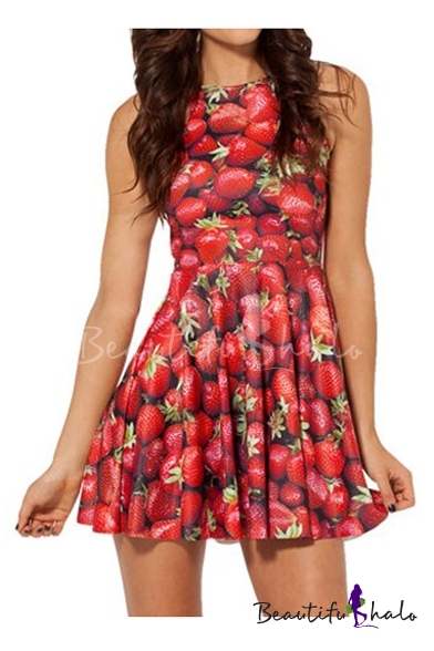 Sweet Red Sleeveless Mini Dress with Strawberry Print - Beautifulhalo.com