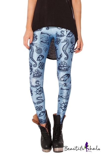 Wathet Blue Simple Ocean Creatures Print Elastic Leggings ...