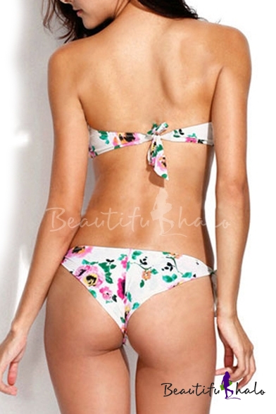 White Floral Print Frill Detail Bandeau Bikini Se 5559