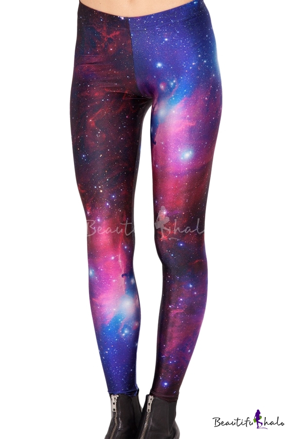 Purple Starry Sky Print Full Length Elastic Leggings - Beautifulhalo.com