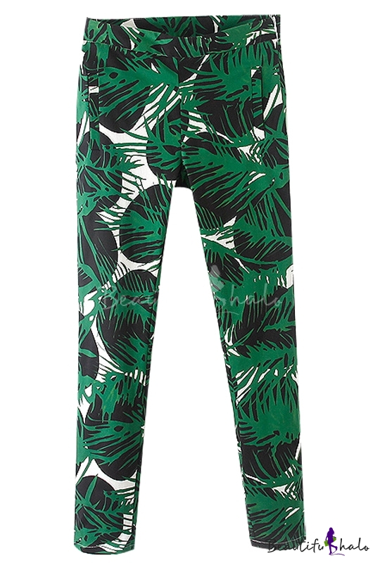 Mix-print Zipper Side Skinny Pants with Four Pockets - Beautifulhalo.com