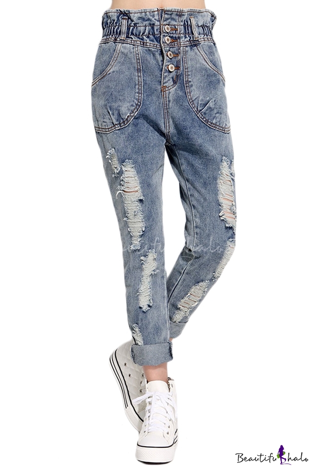 High Rise Ruffle-Waist Distressed Jeans with Four Buttons ...