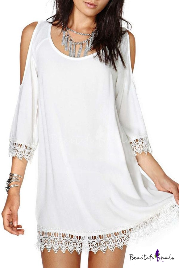 Elegant Cold Shoulder Dress With Crochet Trim