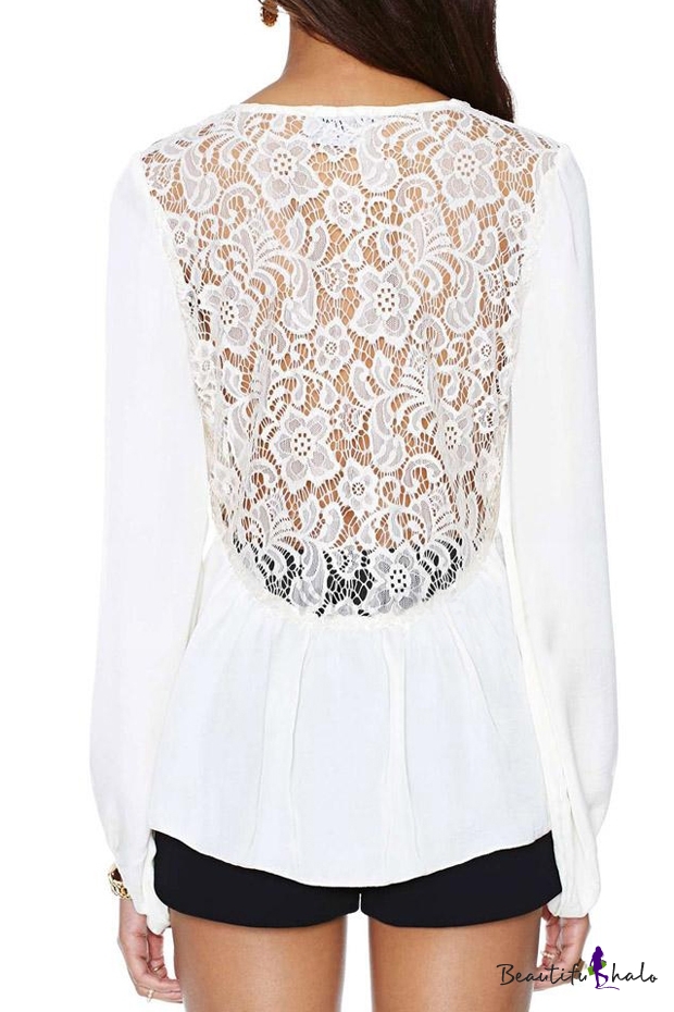 Semi-sheer Long Sleeve Gathered Waist Top with Lace Insert ...