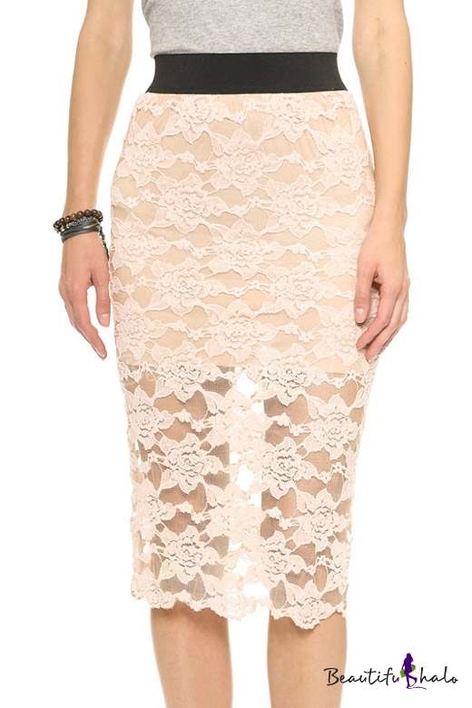 Sexy Semi Sheer Lace Skirt with Elastic Contrast Wasit - Beautifulhalo.com
