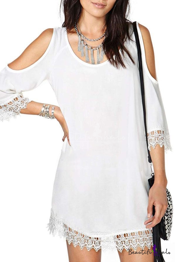 Elegant Cold Shoulder Dress with Crochet Trim - Beautifulhalo.com