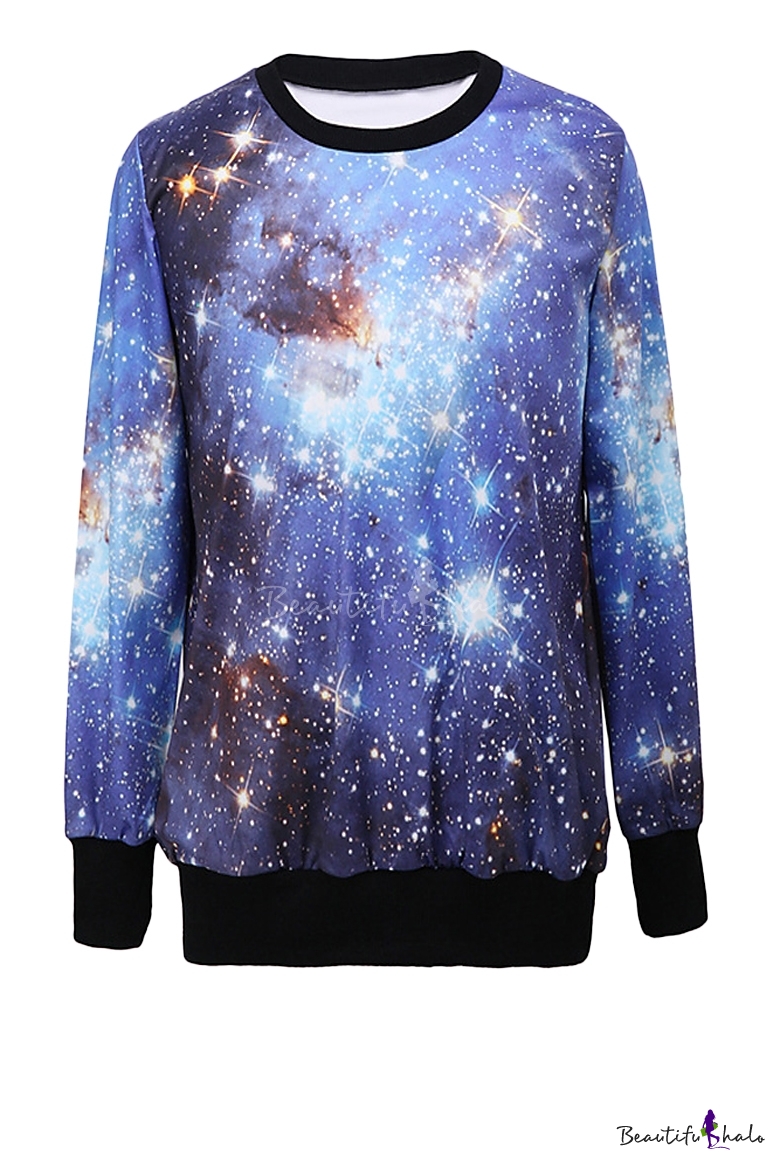 Shimmering Sky Print Round Neck Sweatshirt with Contrast Trim ...