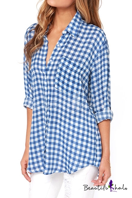 Gingham Print Long Sleeve Tunic Shirt with Pocket Front - Beautifulhalo.com