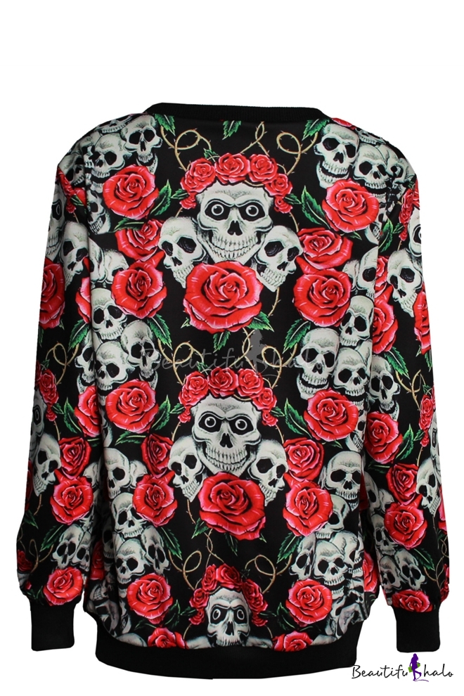 Rose and Skull Print Round Neck Long Sleeve Sweatshirt - Beautifulhalo.com