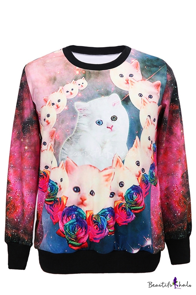 Little Cat Print Round Neck Long Sleeve Sweatshirt - Beautifulhalo.com
