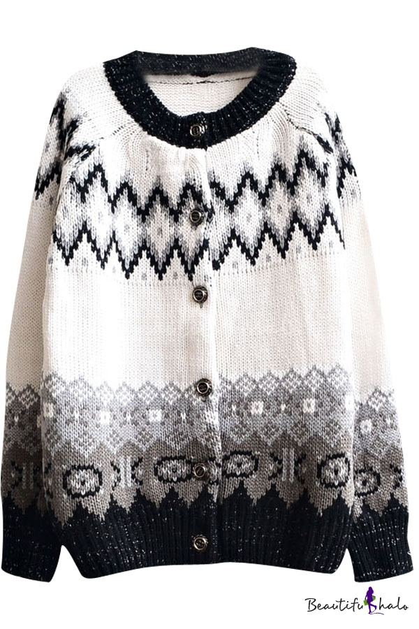 Shiny Thread Insert Snowflake Pattern Cardigan with Round Neck ...