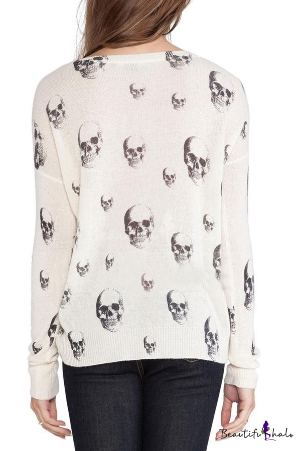 Skull Print Ribbed Round Neck Knitted Sweater with Drop Sleeve