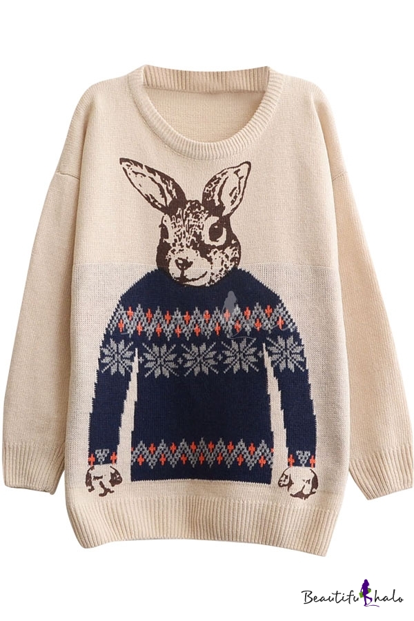 Preppy Look Rabbit Jacquard Round Neck Long Sleeve Loose Sweater ...