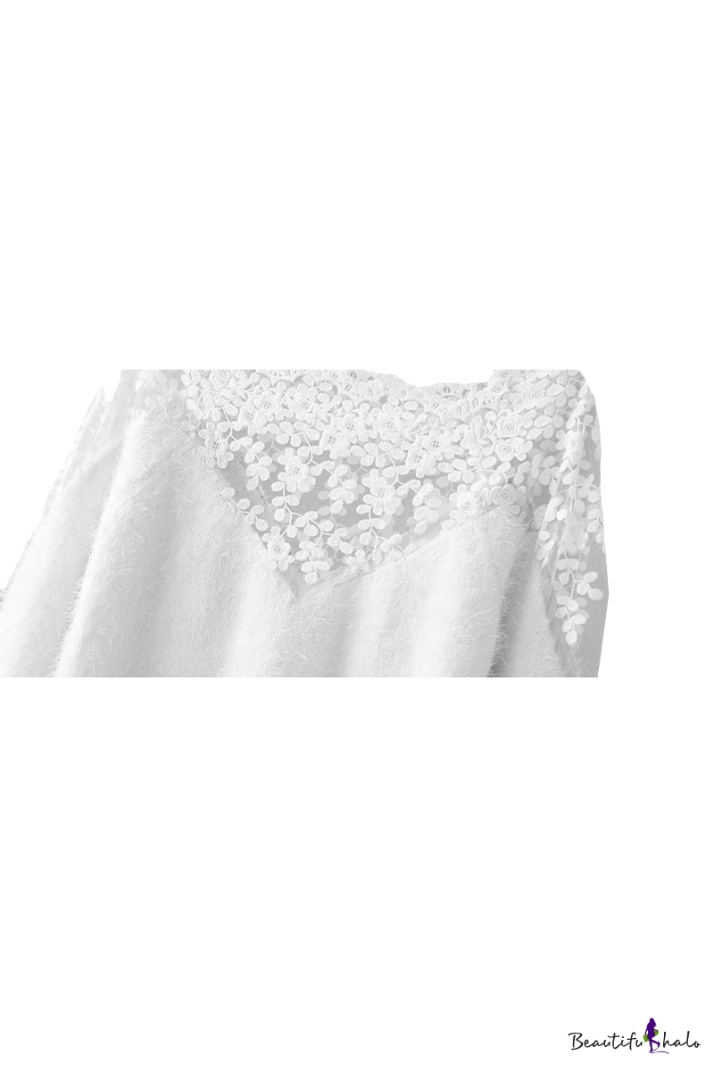 Plain Lace Insert Round Neck Mohair Sweater - Beautifulhalo.com