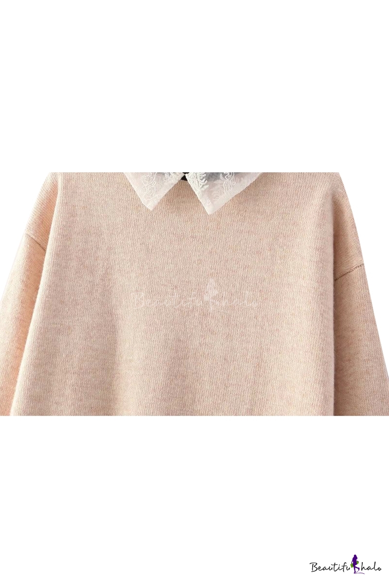 Plain Knitted Sweater with Lace Peter Pan Collar