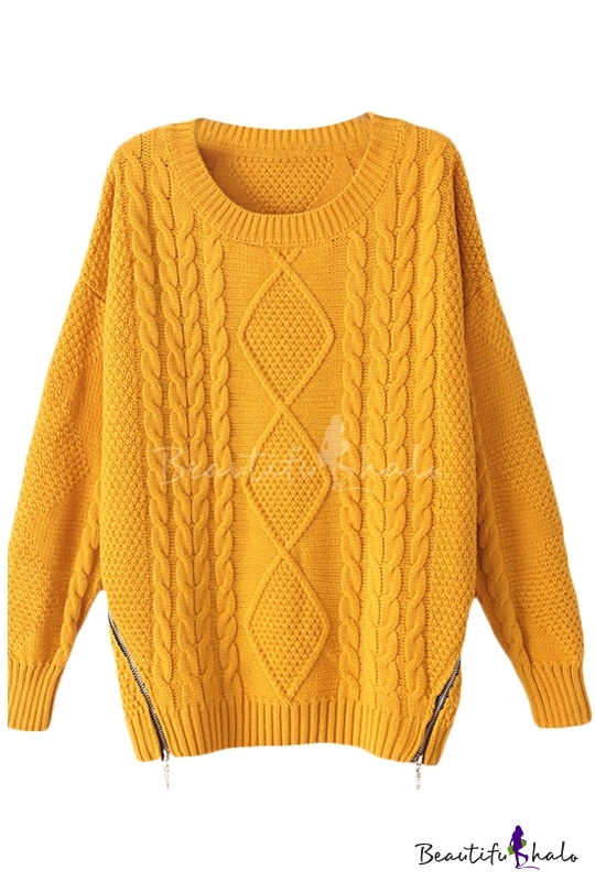 Round Neck Diamond Cable Knitted Sweater with Double Zipper Front ...