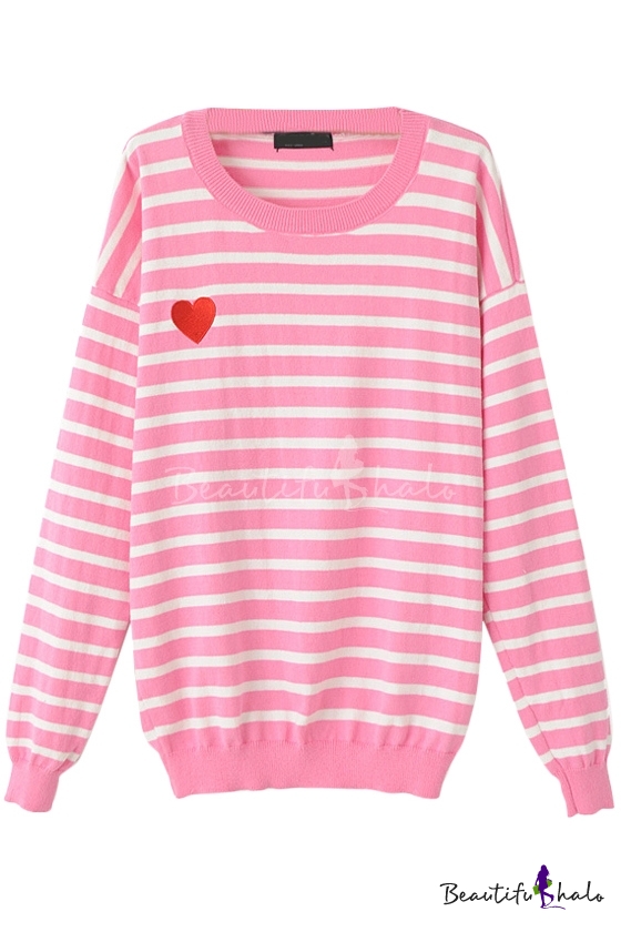 Stripe Heart Print Round Neck Long Sleeve Sweater - Beautifulhalo.com