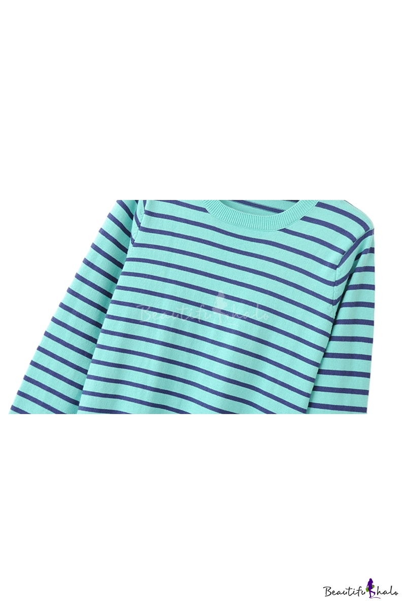 Stripe Print Round Neck Long Sleeve Sweater - Beautifulhalo.com
