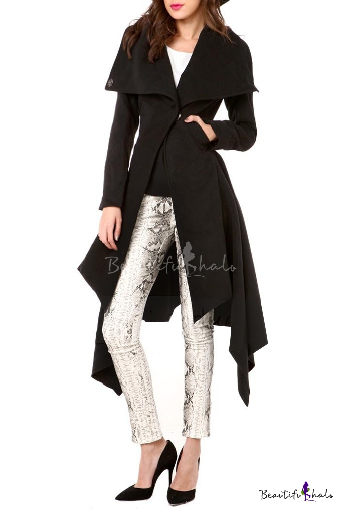 Black Fish Tail Hem Single Breast Long Sleeve Oversize Woolen Coat ...