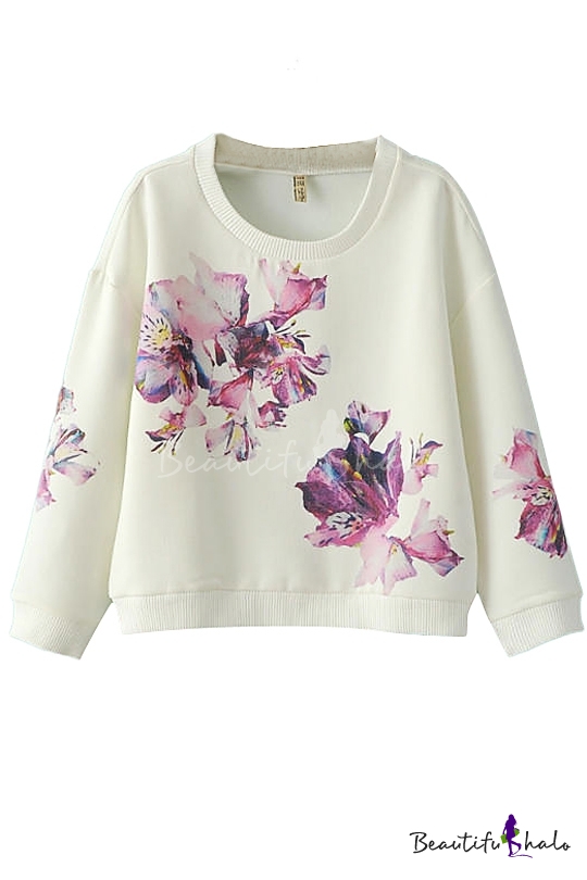 White Floral Print Long Sleeve Round Neck Sweatshirt - Beautifulhalo.com