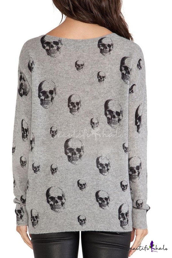 Skull Print Ribbed Round Neck Knitted Sweater With Drop Sleeve