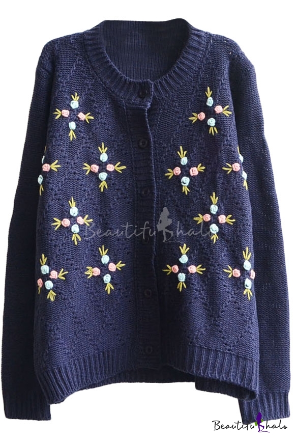 Rural Style Manual Embroidered Flower Round Neck Button Fly Cardigan ...