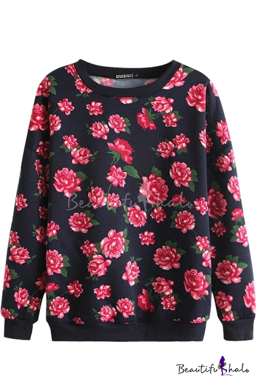 Opulent Red Flower Print Long Sleeve Sweatshirt with Round Neckline ...