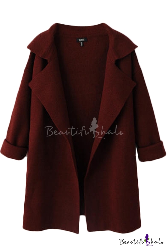 Plain Notched Lapel Collar Open Front Knitted Midi Coat - Beautifulhalo.com