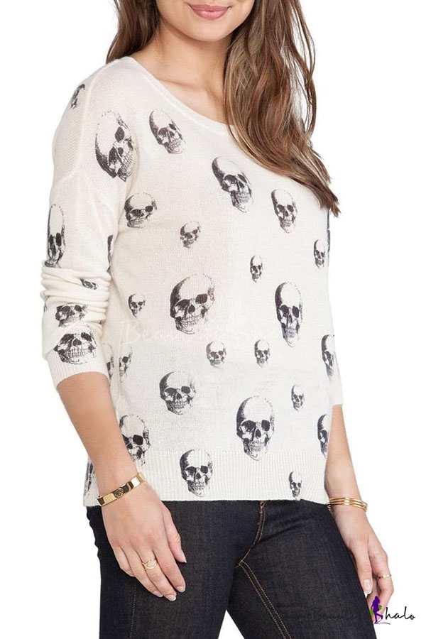 Skull Print Ribbed Round Neck Knitted Sweater with Drop Sleeve