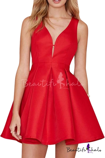 Red Sexy Plunge Neck Fit&Flare Tanks Dress - Beautifulhalo.com