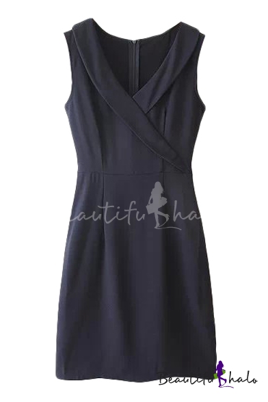 V-Neck Lapel Style Sleeveless Sheath Plain Dress - Beautifulhalo.com