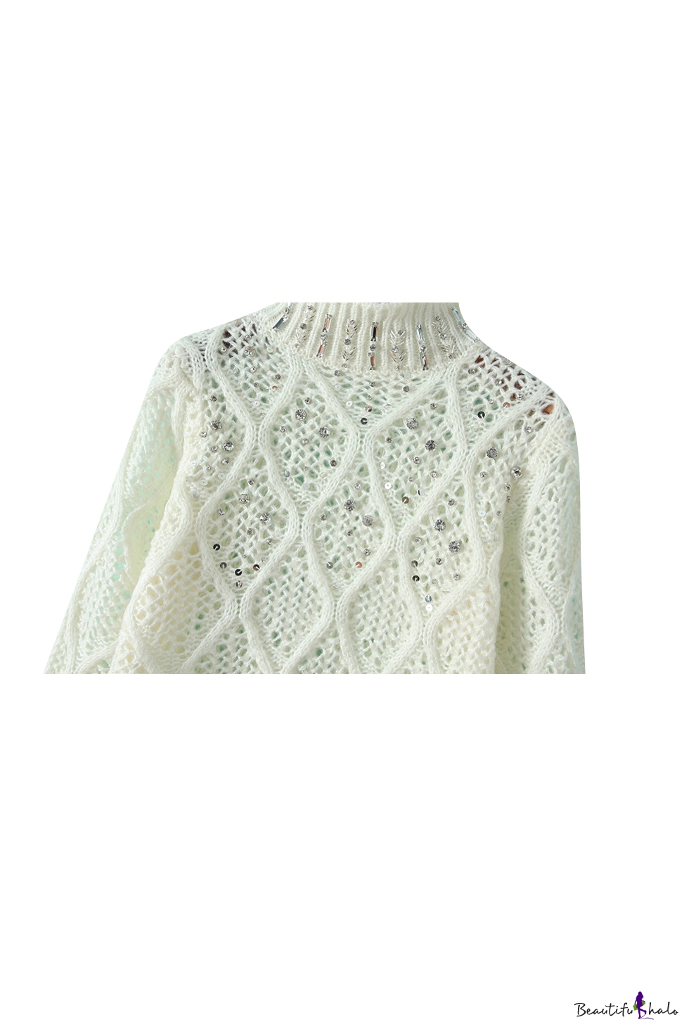 High Neck Plain Cross Curve Pattern Cutwork Diamond Embellished Sweater ...