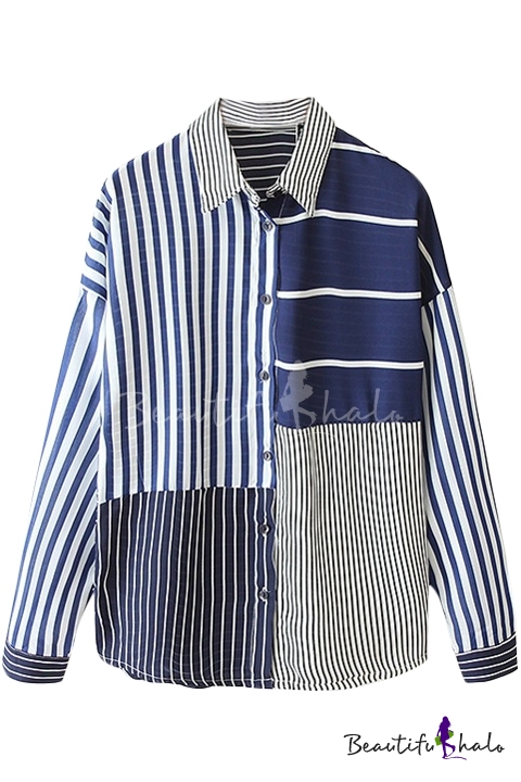 Lapel Asymmetric Stripe Panel Color Block Shirt - Beautifulhalo.com