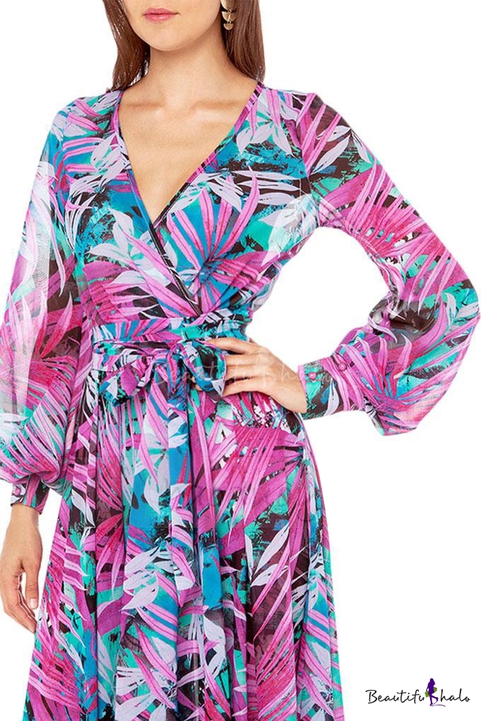 Surplice Neck Tropical Plants Print Maxi A-line Purple Dress ...