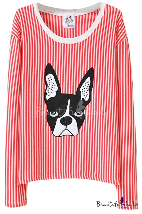 Thin Vertical Stripe&Dog Embroidered Sweatshirt - Beautifulhalo.com