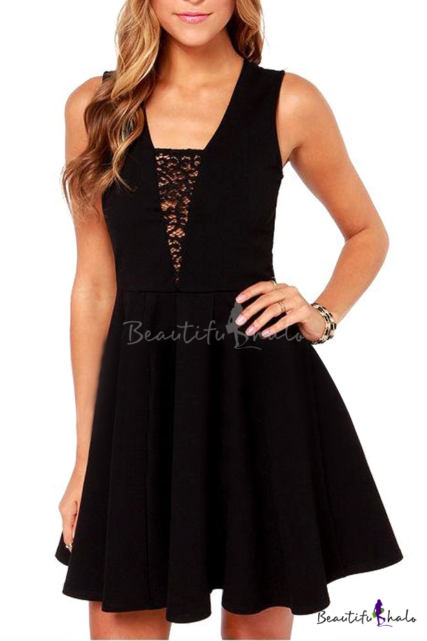 Black Back Sheer Lace Panel Plunge Neck Elegant Style Pleated Dress ...