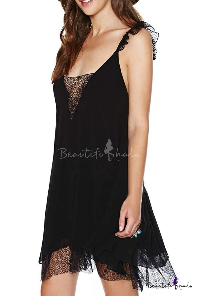 Sexy Sheer Lace Insert Detail V-neck Slip A-line Dress - Beautifulhalo.com